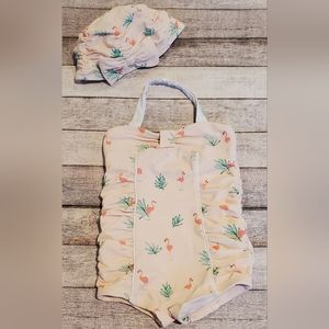 Janie & Jack Paradise Palms Flamingo Print Swimsuit & Cap Baby Girl Size 12-18M